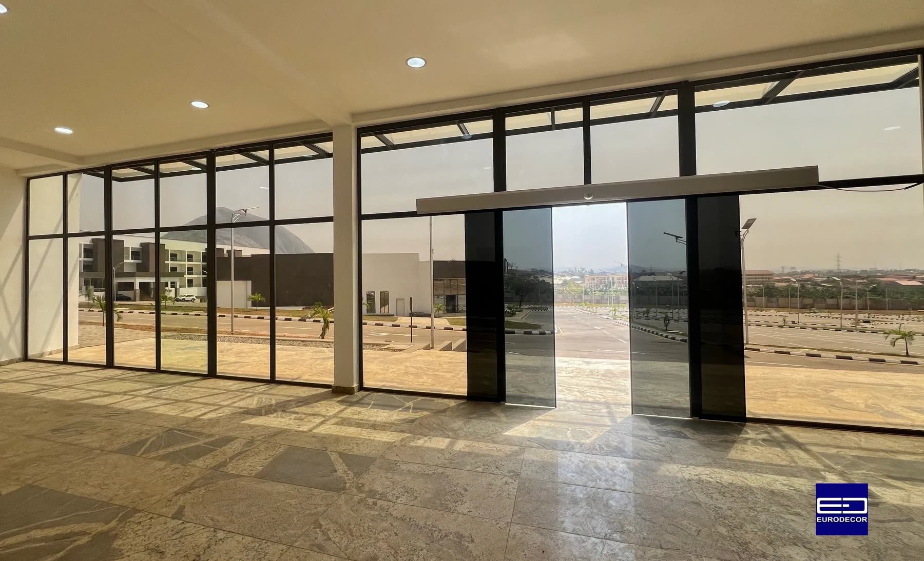 Showroom with a glass front and a sliding glass door