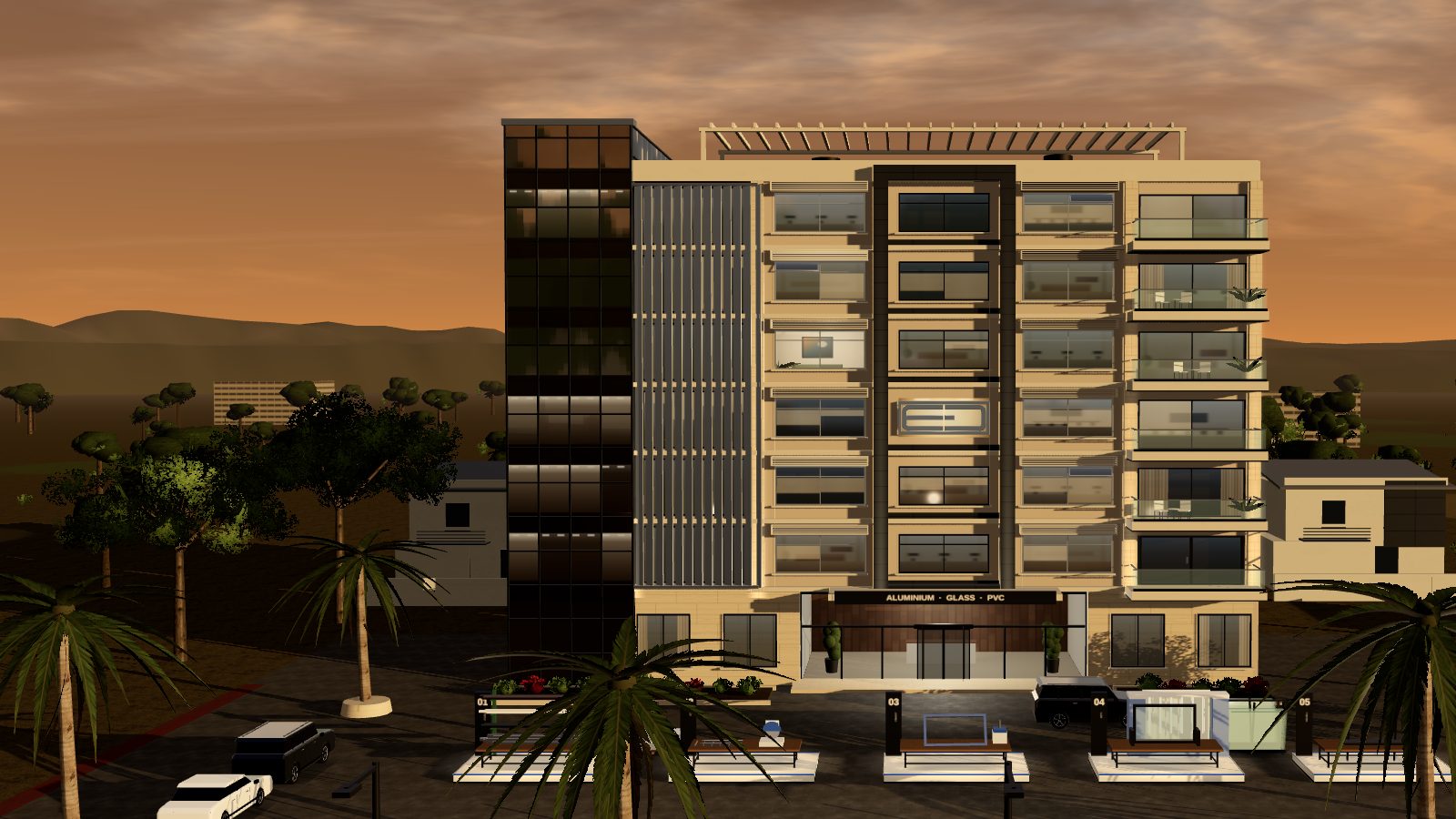 The Euro Decor showcase building at dusk, in 3D